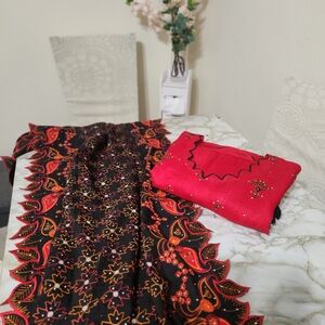 Red and Black Embroidered Fabric Suit Indian Pakistani Style